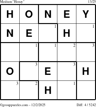 The grouppuzzles.com Medium Honey puzzle for Tuesday December 2, 2025 with the first 3 steps marked