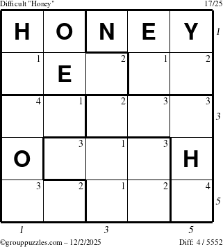 The grouppuzzles.com Difficult Honey puzzle for Tuesday December 2, 2025 with all 4 steps marked