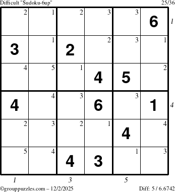 The grouppuzzles.com Difficult Sudoku-6up puzzle for Tuesday December 2, 2025 with all 5 steps marked
