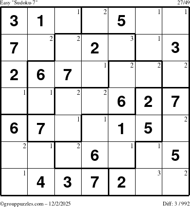 The grouppuzzles.com Easy Sudoku-7 puzzle for Tuesday December 2, 2025 with the first 3 steps marked