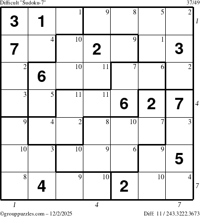 The grouppuzzles.com Difficult Sudoku-7 puzzle for Tuesday December 2, 2025, suitable for printing, with all 11 steps marked