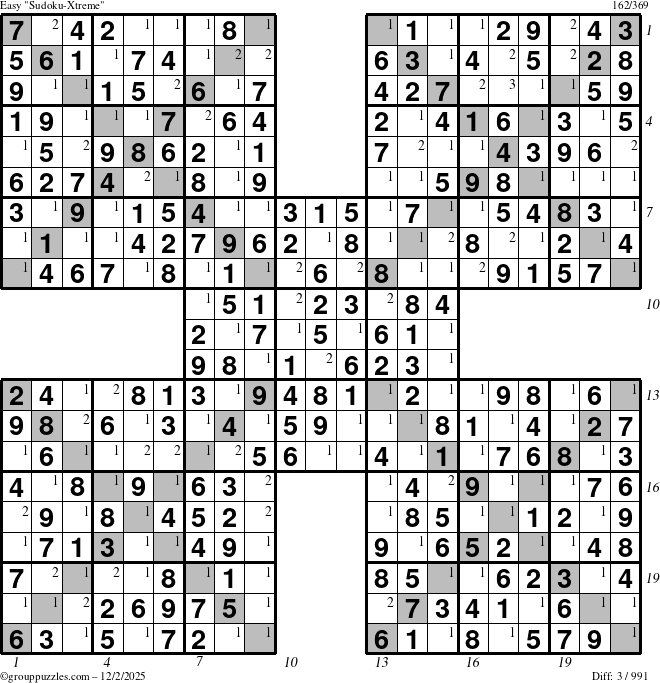 The grouppuzzles.com Easy Sudoku-Xtreme puzzle for Tuesday December 2, 2025 with all 3 steps marked
