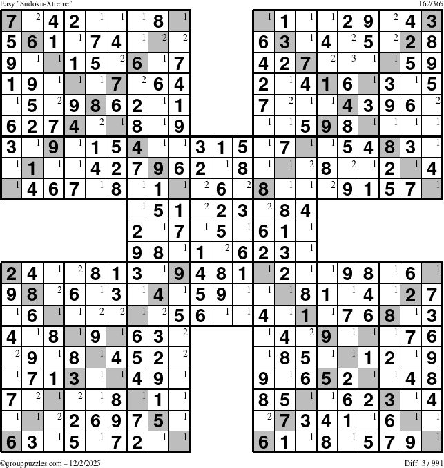The grouppuzzles.com Easy Sudoku-Xtreme puzzle for Tuesday December 2, 2025 with the first 3 steps marked