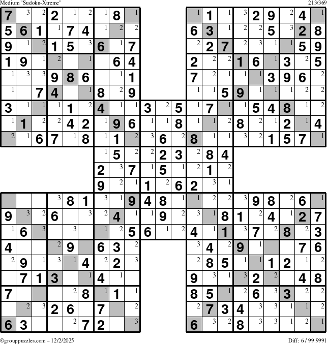The grouppuzzles.com Medium Sudoku-Xtreme puzzle for Tuesday December 2, 2025 with the first 3 steps marked