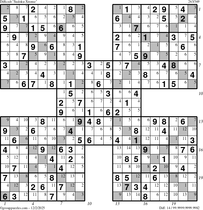The grouppuzzles.com Difficult Sudoku-Xtreme puzzle for Tuesday December 2, 2025 with all 14 steps marked