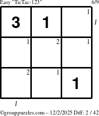 The grouppuzzles.com Easy TicTac-123 puzzle for Tuesday December 2, 2025 with all 2 steps marked