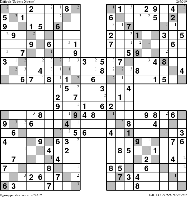 The grouppuzzles.com Difficult Sudoku-Xtreme puzzle for Tuesday December 2, 2025 with the first 3 steps marked