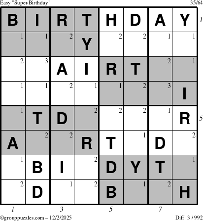 The grouppuzzles.com Easy Super-Birthday puzzle for Tuesday December 2, 2025 with all 3 steps marked