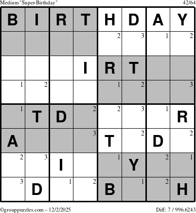 The grouppuzzles.com Medium Super-Birthday puzzle for Tuesday December 2, 2025 with the first 3 steps marked