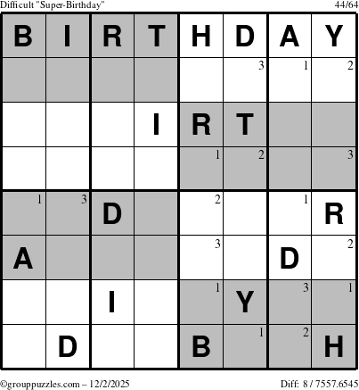 The grouppuzzles.com Difficult Super-Birthday puzzle for Tuesday December 2, 2025 with the first 3 steps marked