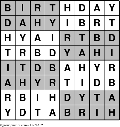 The grouppuzzles.com Answer grid for the Super-Birthday puzzle for Tuesday December 2, 2025