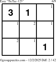 The grouppuzzles.com Easy TicTac-123 puzzle for Tuesday December 2, 2025 with the first 2 steps marked