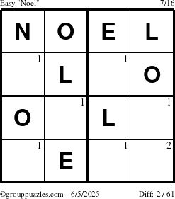 The grouppuzzles.com Easy Noel puzzle for Thursday June 5, 2025 with the first 2 steps marked