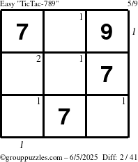 The grouppuzzles.com Easy TicTac-789 puzzle for Thursday June 5, 2025 with all 2 steps marked