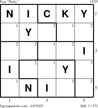 The grouppuzzles.com Easy Nicky puzzle for Thursday June 5, 2025 with all 3 steps marked
