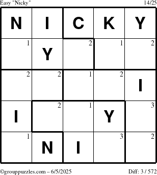 The grouppuzzles.com Easy Nicky puzzle for Thursday June 5, 2025 with the first 3 steps marked