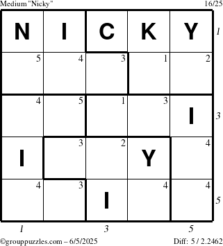The grouppuzzles.com Medium Nicky puzzle for Thursday June 5, 2025 with all 5 steps marked
