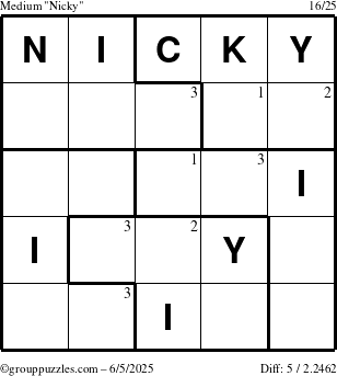 The grouppuzzles.com Medium Nicky puzzle for Thursday June 5, 2025 with the first 3 steps marked