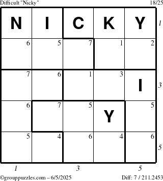 The grouppuzzles.com Difficult Nicky puzzle for Thursday June 5, 2025 with all 7 steps marked