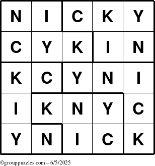 The grouppuzzles.com Answer grid for the Nicky puzzle for Thursday June 5, 2025