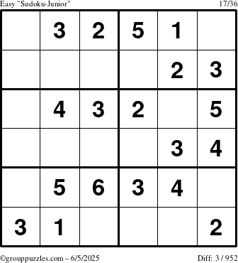The grouppuzzles.com Easy Sudoku-Junior puzzle for Thursday June 5, 2025