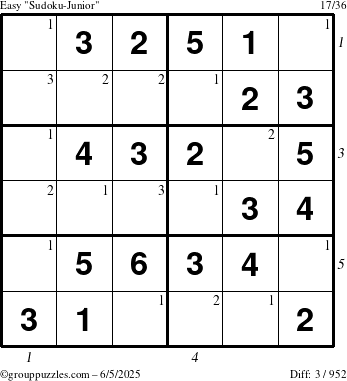 The grouppuzzles.com Easy Sudoku-Junior puzzle for Thursday June 5, 2025 with all 3 steps marked