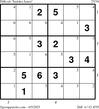 The grouppuzzles.com Difficult Sudoku-Junior puzzle for Thursday June 5, 2025 with all 6 steps marked