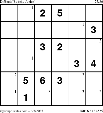 The grouppuzzles.com Difficult Sudoku-Junior puzzle for Thursday June 5, 2025 with the first 3 steps marked