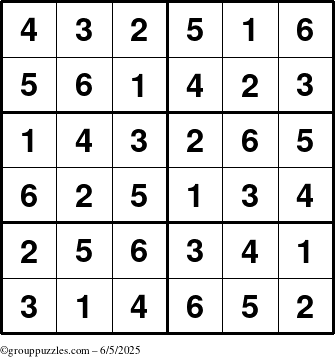 The grouppuzzles.com Answer grid for the Sudoku-Junior puzzle for Thursday June 5, 2025