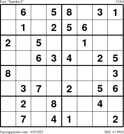 The grouppuzzles.com Easy Sudoku-8 puzzle for Thursday June 5, 2025