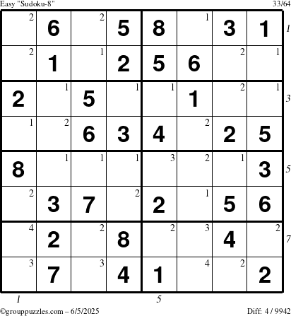 The grouppuzzles.com Easy Sudoku-8 puzzle for Thursday June 5, 2025 with all 4 steps marked