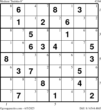 The grouppuzzles.com Medium Sudoku-8 puzzle for Thursday June 5, 2025 with all 8 steps marked