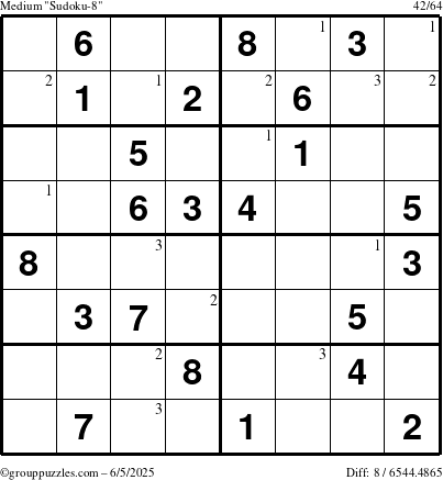 The grouppuzzles.com Medium Sudoku-8 puzzle for Thursday June 5, 2025 with the first 3 steps marked