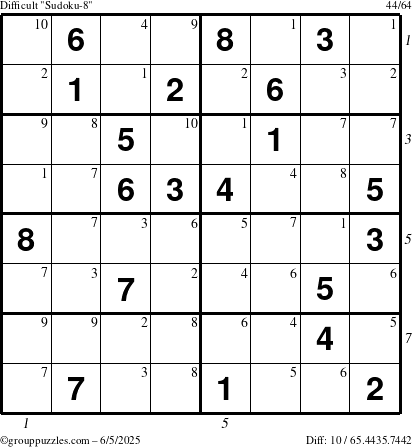 The grouppuzzles.com Difficult Sudoku-8 puzzle for Thursday June 5, 2025 with all 10 steps marked