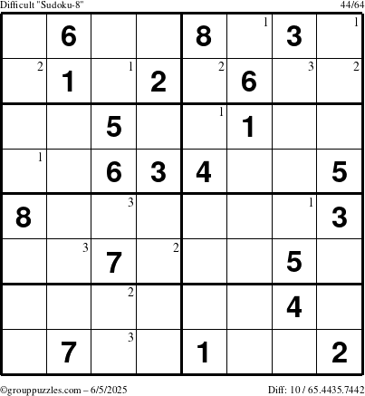 The grouppuzzles.com Difficult Sudoku-8 puzzle for Thursday June 5, 2025 with the first 3 steps marked