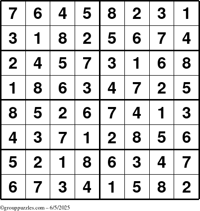 The grouppuzzles.com Answer grid for the Sudoku-8 puzzle for Thursday June 5, 2025