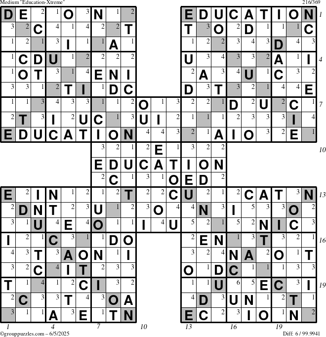 The grouppuzzles.com Medium Education-Xtreme puzzle for Thursday June 5, 2025 with all 6 steps marked