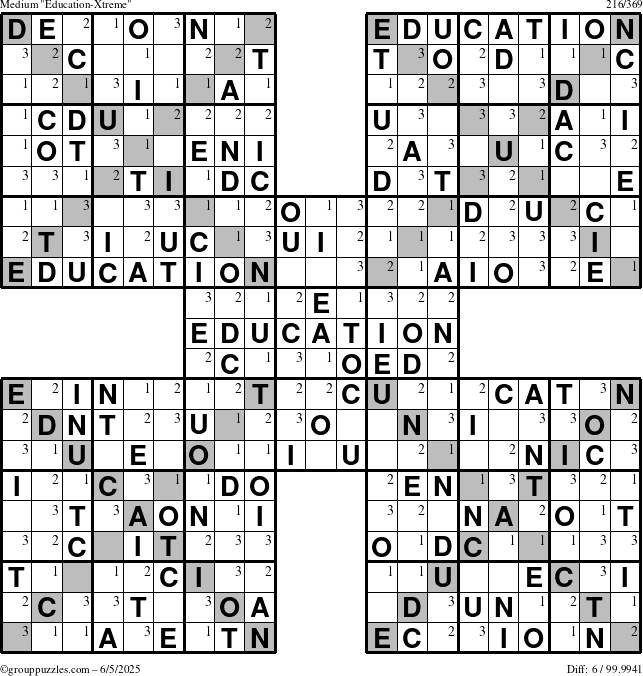 The grouppuzzles.com Medium Education-Xtreme puzzle for Thursday June 5, 2025 with the first 3 steps marked