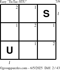 The grouppuzzles.com Easy TicTac-STU puzzle for Thursday June 5, 2025 with all 2 steps marked