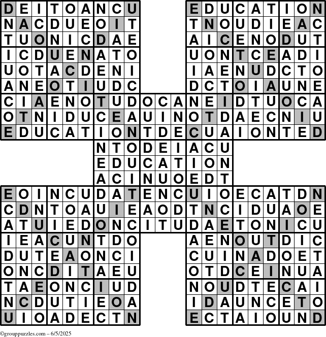 The grouppuzzles.com Answer grid for the Education-Xtreme puzzle for Thursday June 5, 2025