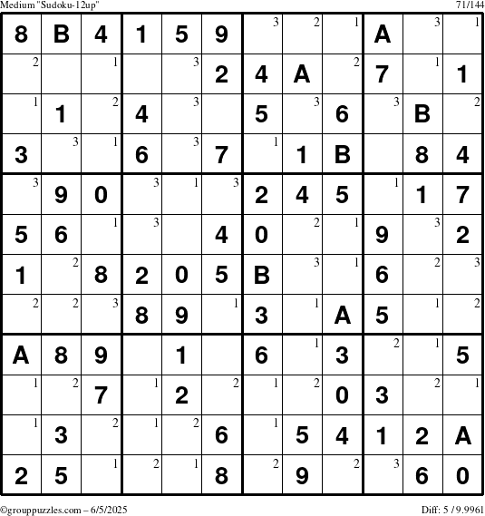 The grouppuzzles.com Medium Sudoku-12up puzzle for Thursday June 5, 2025 with the first 3 steps marked