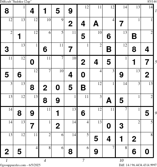 The grouppuzzles.com Difficult Sudoku-12up puzzle for Thursday June 5, 2025 with all 14 steps marked