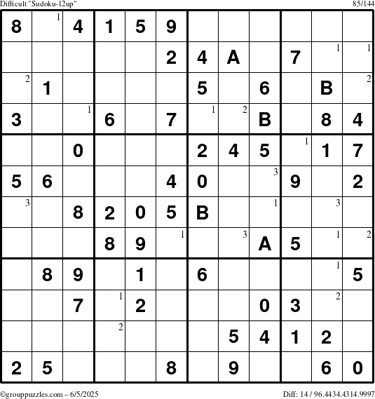 The grouppuzzles.com Difficult Sudoku-12up puzzle for Thursday June 5, 2025 with the first 3 steps marked