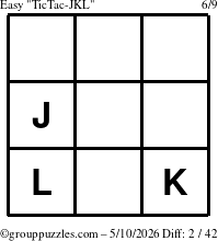 The grouppuzzles.com Easy TicTac-JKL puzzle for Sunday May 10, 2026