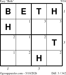 The grouppuzzles.com Easy Beth puzzle for Sunday May 10, 2026, suitable for printing, with all 3 steps marked