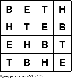 The grouppuzzles.com Answer grid for the Beth puzzle for Sunday May 10, 2026