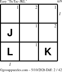 The grouppuzzles.com Easy TicTac-JKL puzzle for Sunday May 10, 2026, suitable for printing, with all 2 steps marked