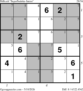 The grouppuzzles.com Difficult SuperSudoku-Junior puzzle for Sunday May 10, 2026 with all 8 steps marked