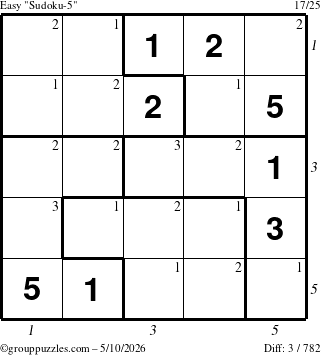 The grouppuzzles.com Easy Sudoku-5 puzzle for Sunday May 10, 2026, suitable for printing, with all 3 steps marked