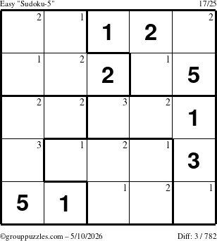 The grouppuzzles.com Easy Sudoku-5 puzzle for Sunday May 10, 2026 with the first 3 steps marked